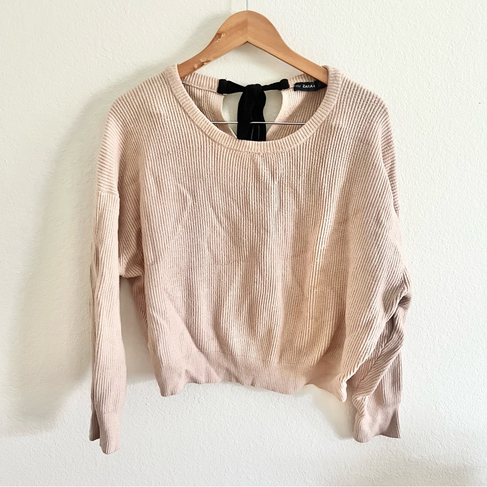 Zara Knit Ribbed Tan Tie-Back Sweater Sz L